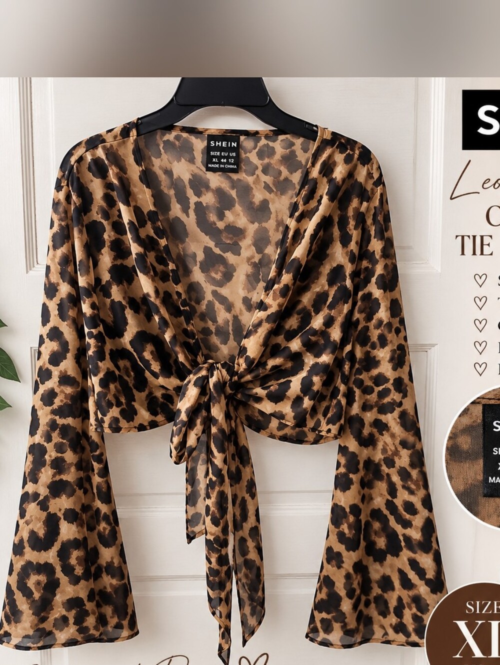 SHEIN Brown and Black Leopard Tie-Front Cropped Top